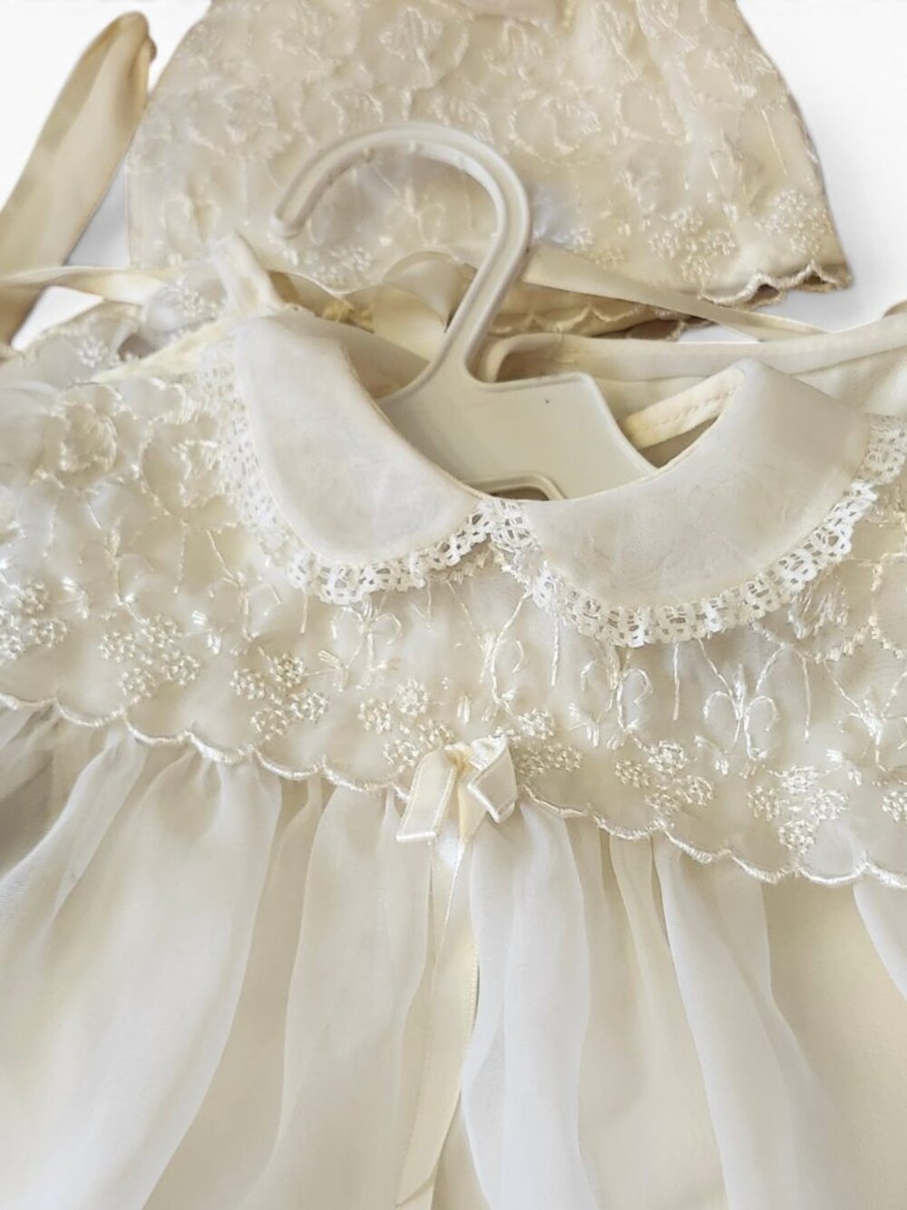 Detailed Vintage 4 piece Lace Embroidered Christening Gown, Cap, Liner and Shrug